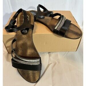 Lara Collection Vera Pelle Black Strappy Sandals Shoe Rhinestone Sz 39 US 8